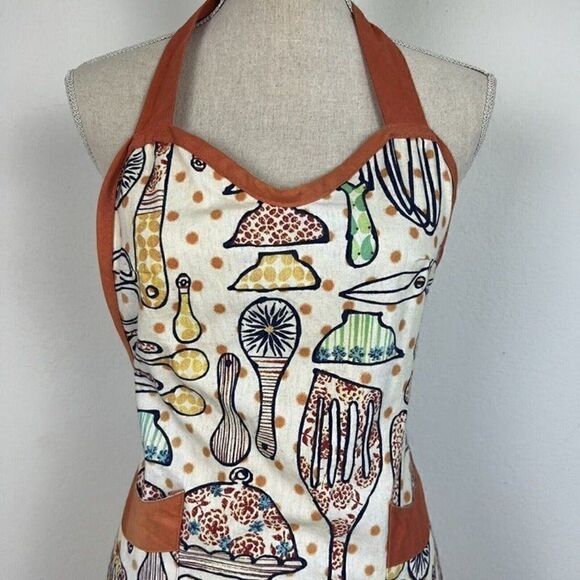 Retro Women Orange & Cream Apron Kitchen Garden Pocket Adjustable Cotton Pinup - Picture 3 of 9